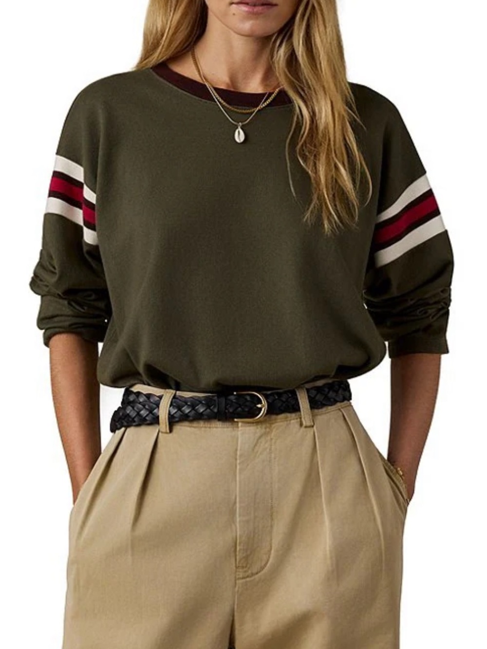NWTπ·Faherty Sport Jersey Throwback Olive Crewneck T with Contrast Sleeve Stripes